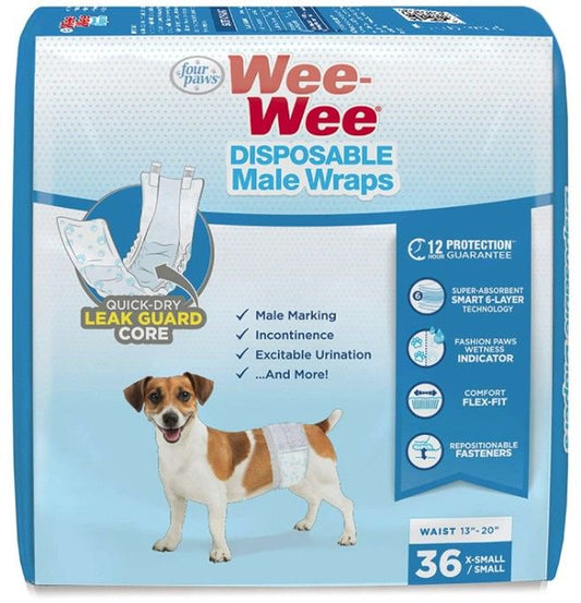 Four Paws Wee Wee Disposable Male Dog Wraps X-Small/Small 36 Count Pack of 2 Animals & Pet Supplies > Pet Supplies > Dog Supplies > Dog Diaper Pads & Liners Four Paws   