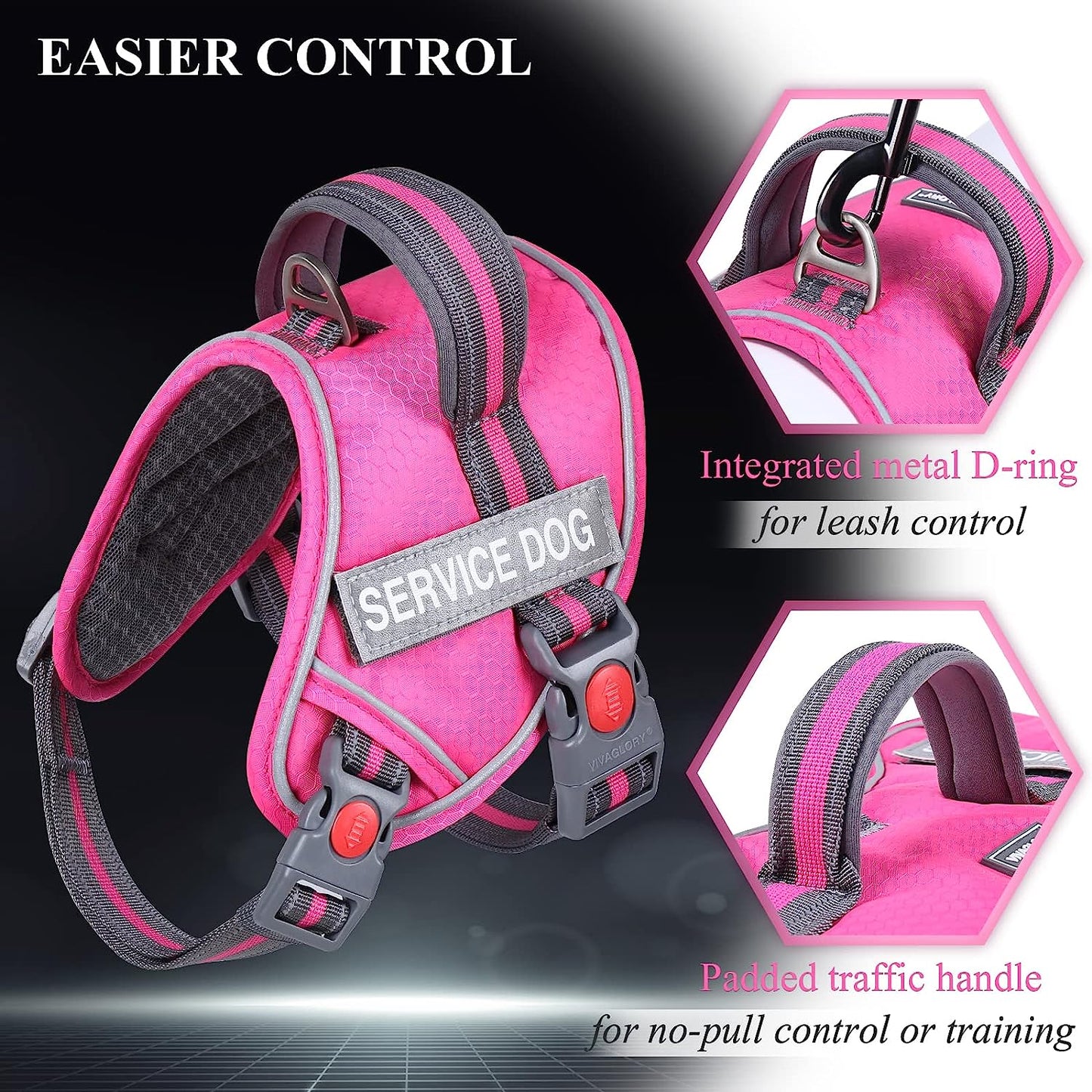 VIVAGLORY Service Dog Vest with Padded Handle, No Pull Adjustable Reflective Pet Vest Harness with 4 PCS Removable Patches for Small Dogs in Training, Pink