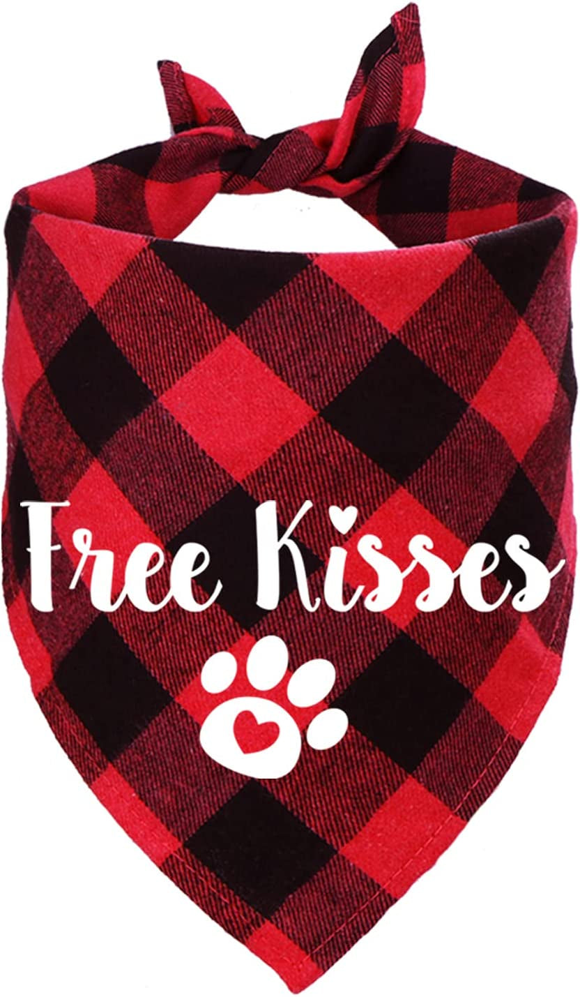 STMK Valentine'S Day Plaid Dog Bandana, Free Kisses Plaid Dog Puppy Bandana Triangle Scarf for Dog Puppy Valentine'S Day Wedding Holiday Party Supplies (Red) Animals & Pet Supplies > Pet Supplies > Dog Supplies > Dog Apparel STMK   