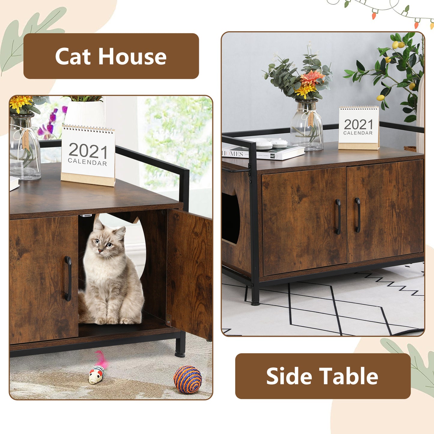 Cat Litter Box Furniture Hidden, Cat Washroom Storage Bench Enclosure Litter Box House with Table, Bedroom Nightstand, Big Enough for Automatic Litter Box or Two Litter Boxes, Rustic Brown