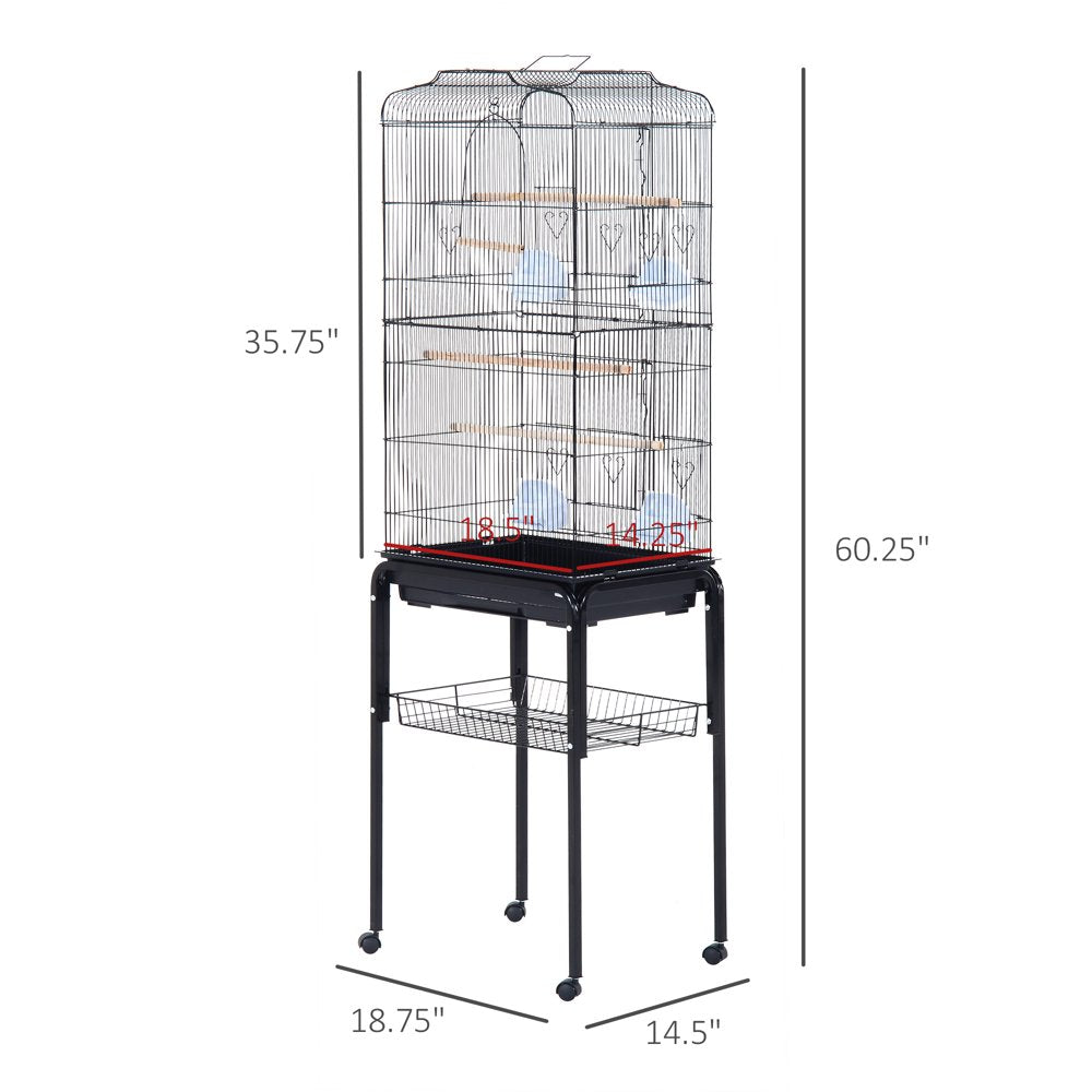 Pawhut Indoor 63" Metal Bird Cage with Detachable Rolling Stand, Storage Basket - Black Animals & Pet Supplies > Pet Supplies > Bird Supplies > Bird Cage Accessories Aosom LLC   