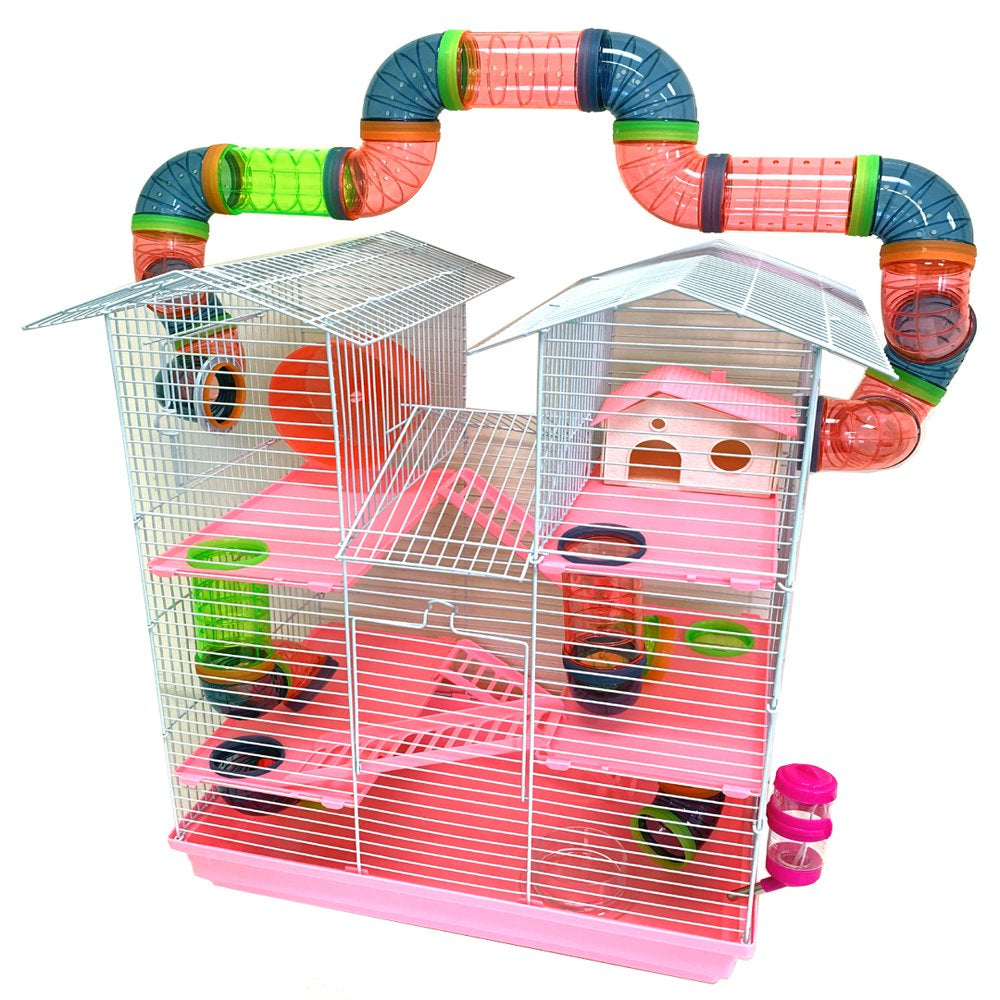 Pink Large 5-Levels Twin Tower Hamster Mouse Habitat Home House Critter Cage for Rodent Gerbil Mice Rat Wire Animal Cage with Long Crossover Tube Tunnel Animals & Pet Supplies > Pet Supplies > Small Animal Supplies > Small Animal Habitats & Cages Mcage   