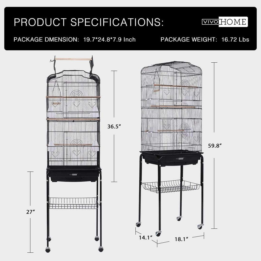 VIVOHOME 59.8 Inch Wrought Iron Bird Cage with Play Top and Rolling Stand for Parrots Conures Lovebird Cockatiel Parakeets Animals & Pet Supplies > Pet Supplies > Bird Supplies > Bird Cages & Stands VIVOHOME   