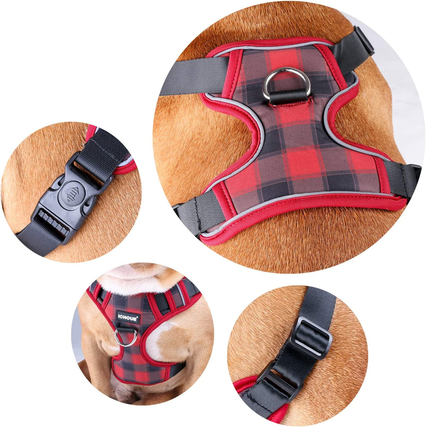 Ichoue Dog Vest Harness Soft Padded No Pull Adjustable Reflective for Small Medium Dogs - Red Grid M Animals & Pet Supplies > Pet Supplies > Dog Supplies > Dog Apparel iChoue   