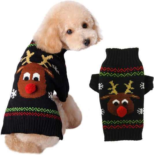 TENGZHI Dog Christmas Sweater Ugly Xmas Puppy Clothes Costume Warm Knitted Cat Outfit Jumper Cute Reindeer Pet Clothing for Small Medium Large Dogs Cats（S,Black） Animals & Pet Supplies > Pet Supplies > Dog Supplies > Dog Apparel Yi Wu Shi Teng Zhi Dian Zi Shang Wu You Xian Gong Si Black Reindeer X-Large 