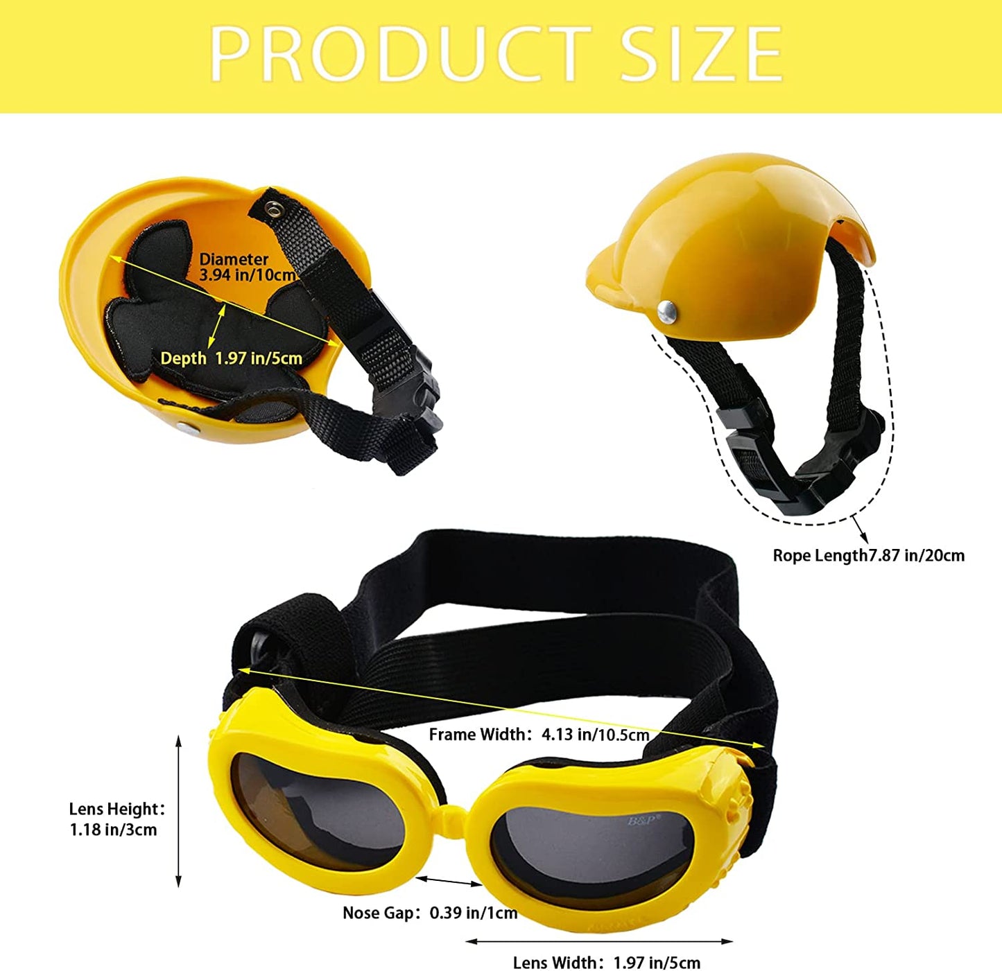 HACRAHO Dog Helmet and Goggles Set, 2 PCS Yellow 4 Inch Pet Dog Motorcycle Helmet and Sunglasses Dog Safety Cap with Adjustable Strap and Pet Goggles with Elastic Strap for Small Medium Dogs Animals & Pet Supplies > Pet Supplies > Dog Supplies > Dog Apparel HACRAHO   