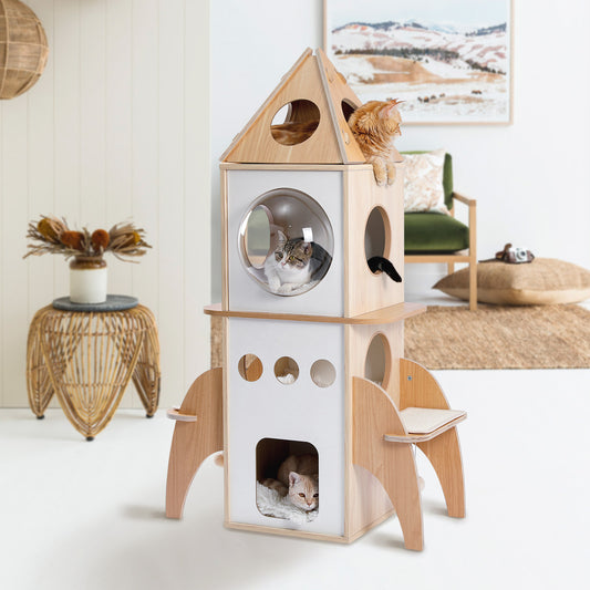 PAWZ Road Modern Cat Tree Tower Rocket Multi-Level Cat Tree Spaceship 3 Condo Cat Furniture 54", Beige Animals & Pet Supplies > Pet Supplies > Cat Supplies > Cat Furniture PAWZ Road   