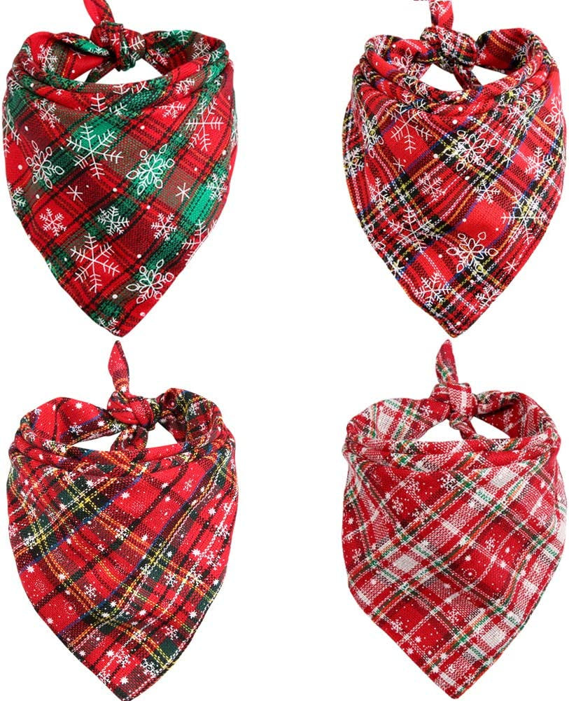 4Pcs Dog Bandana Christmas Pet Triangle Scarf Plaid Snowflake Accessories Bibs for Dog Cat Animals & Pet Supplies > Pet Supplies > Dog Supplies > Dog Apparel Jiaxing Haozhe clothing Co., Ltd. Large  