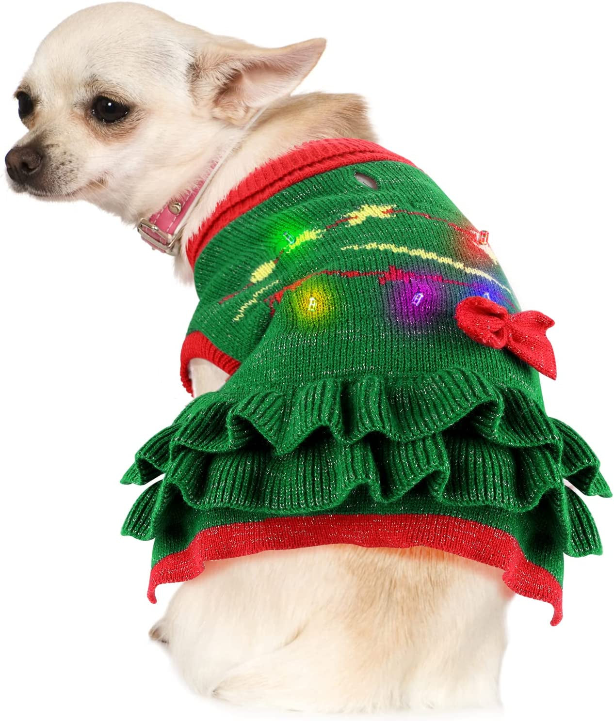 T2Y Cat Christmas Sweater - Cat Dog Costume with LED Lights, Turtleneck Cat Christmas Outfit with Leash Holes, Warm Clothes for for Kitten & Puppy, Gift for New Year (Extra Small Animals & Pet Supplies > Pet Supplies > Dog Supplies > Dog Apparel T2Y Medium  