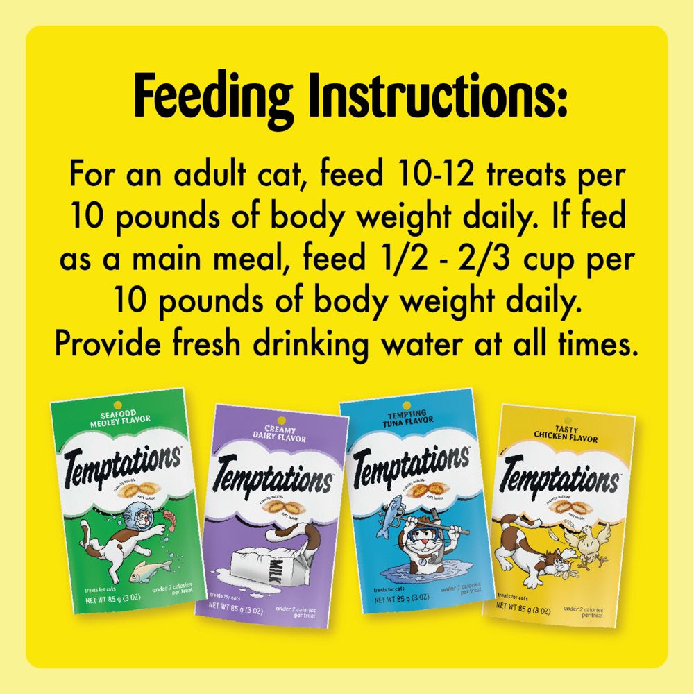 TEMPTATIONS Classic, Crunchy and Soft Cat Treats Feline Favorites Variety Pack, Seafood Medley Flavor, Tasty Chicken Flavor, Creamy Dairy Flavor, and Tempting Tuna Flavor, (4) 3 Oz. Pouches Animals & Pet Supplies > Pet Supplies > Cat Supplies > Cat Treats Mars Petcare   