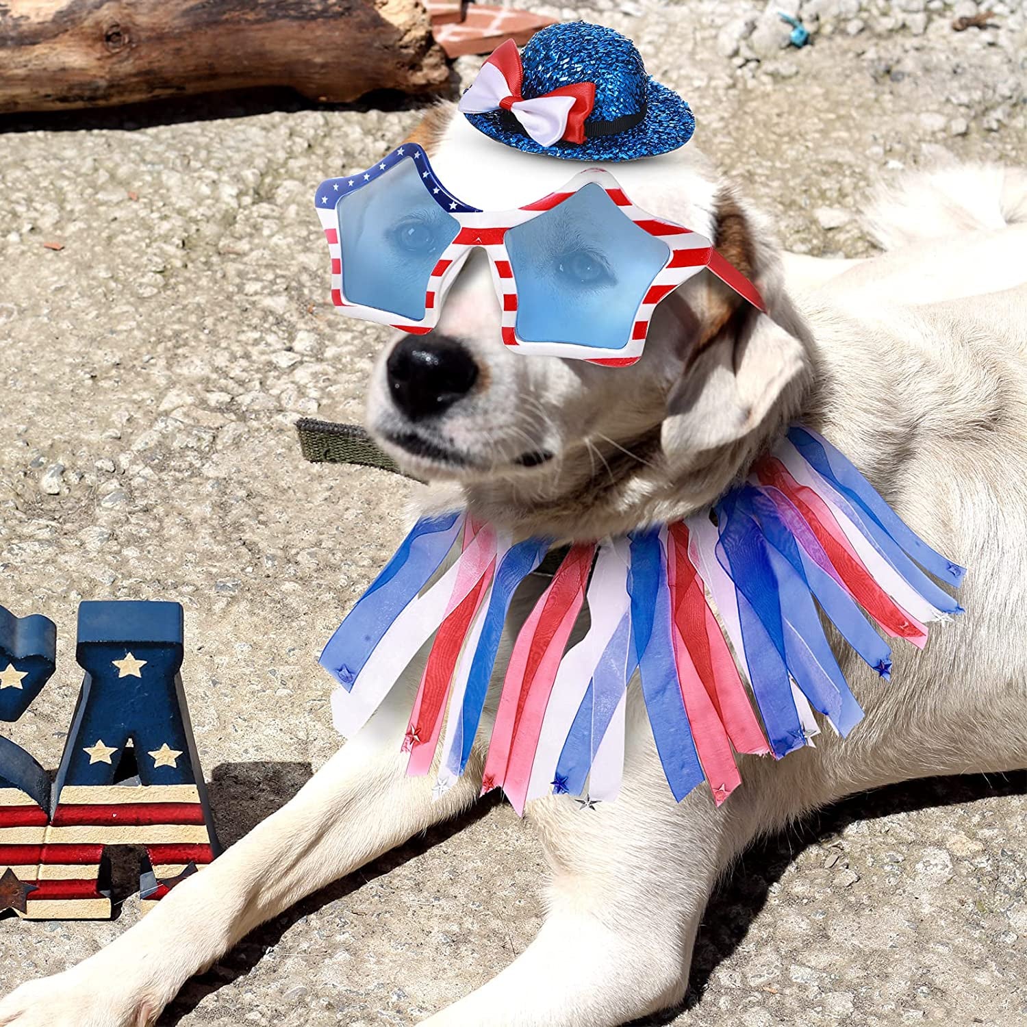 4 Pcs Labor Day Pet Costume Independence Day Dog Costume Accessories, Red Blue and White Tutu Skirt Fancy Collar American Flag Dog Sunglasses Bowtie Hat for Dogs Kitty Patriotic Party Animals & Pet Supplies > Pet Supplies > Dog Supplies > Dog Apparel Tallew   