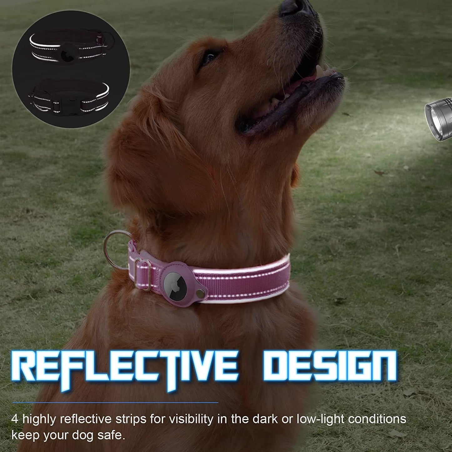 Reflective Airtag Dog Collar, Heavy Duty Apple Air Tag Dog Collar, Padded Pet Collar with 2022 Updated Airtag Dog Collar Holder Case, Adjustable for Small Medium Large Breeds, Pink Small