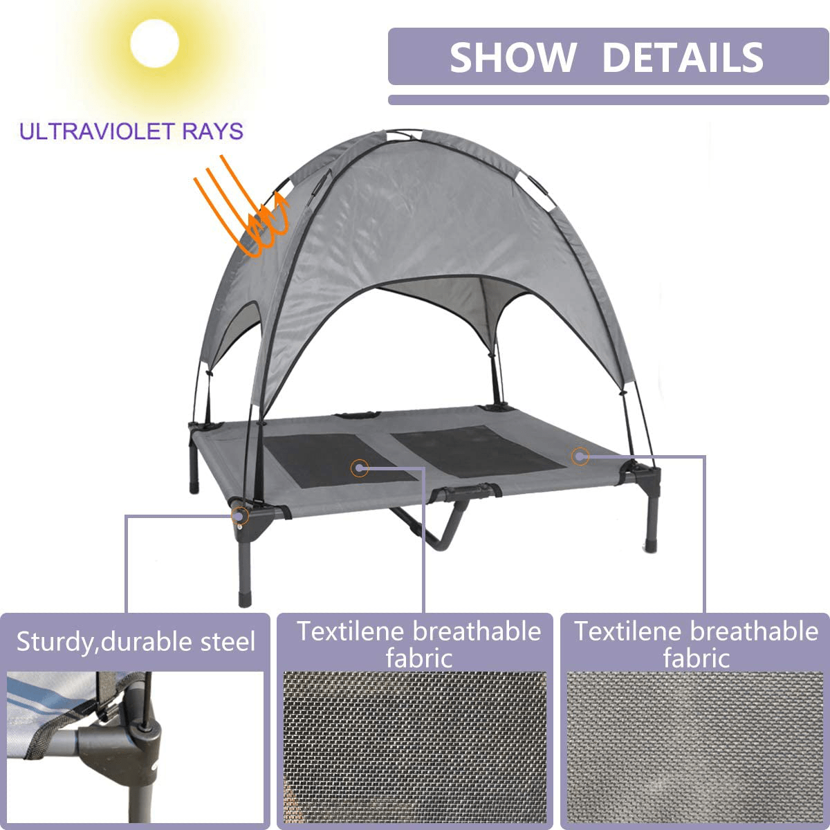 A.FATI Elevated Dog Bed,Cooling Raised Dog Bed Outdoor & Indoor Dog Cot Bed for Large Dogs with Removable Canopy Shade Tent with Extra Bag, Portable for Camping, Traveling, Beach, Training Use Animals & Pet Supplies > Pet Supplies > Dog Supplies > Dog Houses A.FATI   