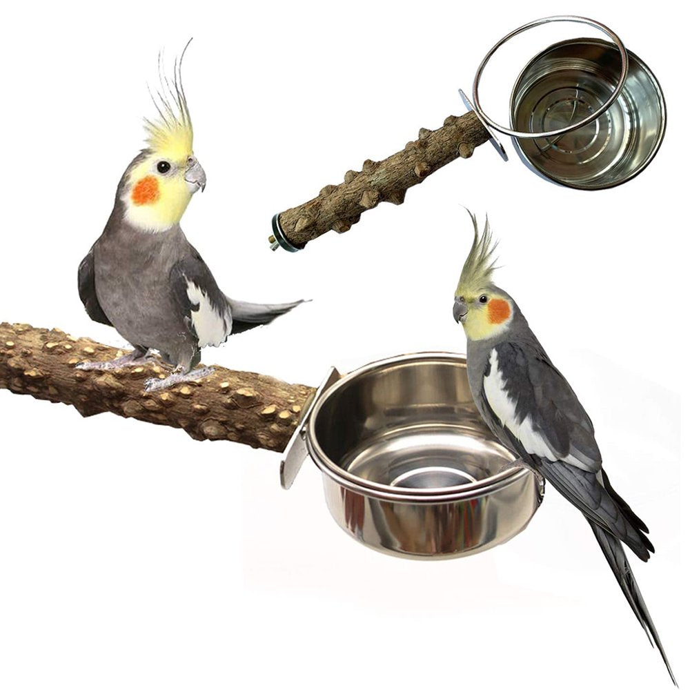 AOOOWER Parrot Bird Cage Perch Natural Wooden Stand Stick with Stainless Steel Food Dishes Bowl Feeder Cup for Parakeet Animals & Pet Supplies > Pet Supplies > Bird Supplies > Bird Cages & Stands AOOOWER   