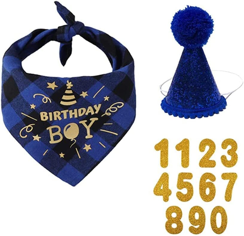 Dog Birthday Party Set, Dog Birthday Bandana Triangle Scarf with Cute Dog Birthday Number Hat Dog Birthday Banner for Dog Birthday Party Supplies (Blue-Hat&Bscarf&Number) Animals & Pet Supplies > Pet Supplies > Dog Supplies > Dog Apparel IVYRISE   