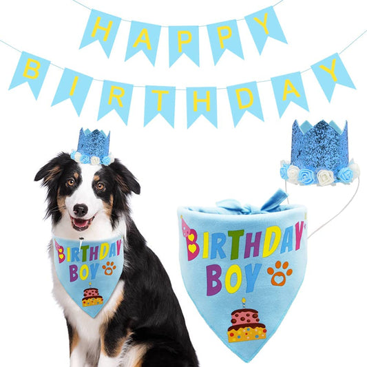 Covoroza Dog Birthday Bandana Scarfs Cute Bling Party Hat and Banner Birthday Boy Pattern for Medium to Large Dogs Blue