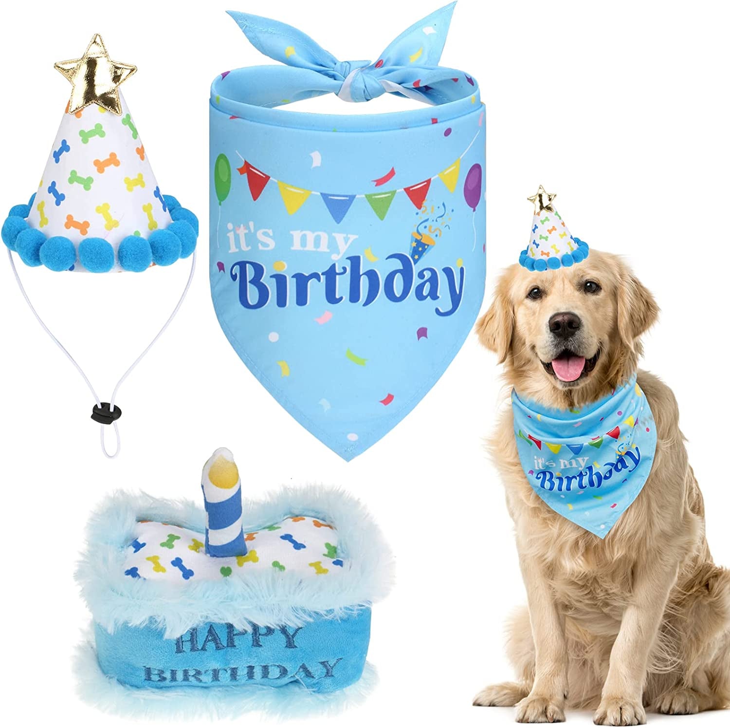 EXPAWLORER Dog Birthday Outfit - Cute Hat Bandana Scarf and Squeaky Cake Dog Toy for Birthday Party Supplies Gift, Great Party Decorations for Small Medium Large Dogs Girl Pink Animals & Pet Supplies > Pet Supplies > Dog Supplies > Dog Apparel EXPAWLORER Blue Cake 