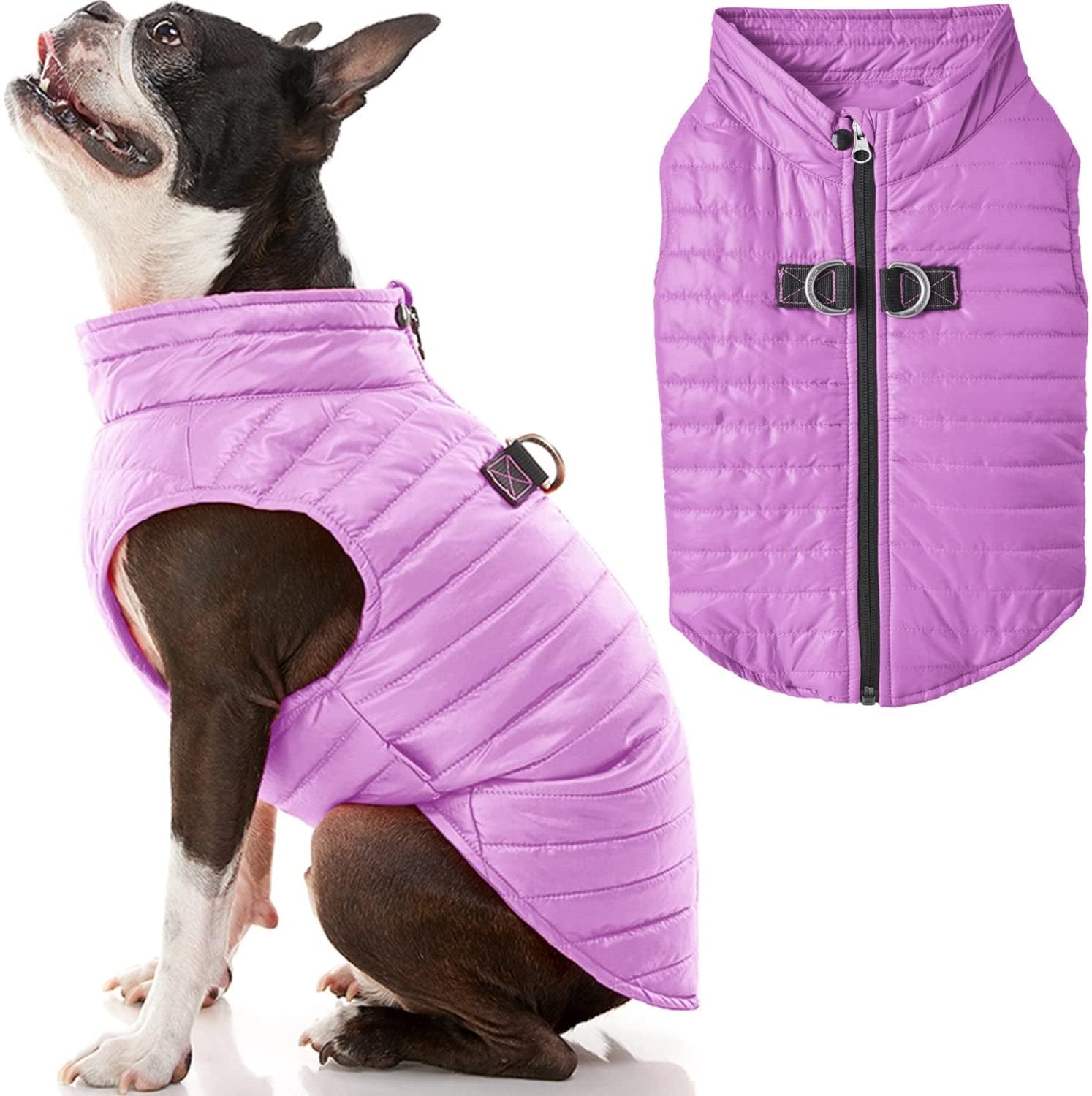 Gooby Puffer Vest Dog Jacket - Purple, Medium - Ultra Thin Zip up Wind Breaker with Dual D Ring Leash - Water Resistant Small Dog Sweater Coat - Dog Clothes for Small Dogs Boy or Medium Dogs Animals & Pet Supplies > Pet Supplies > Dog Supplies > Dog Apparel Gooby Purple Small chest (15") 