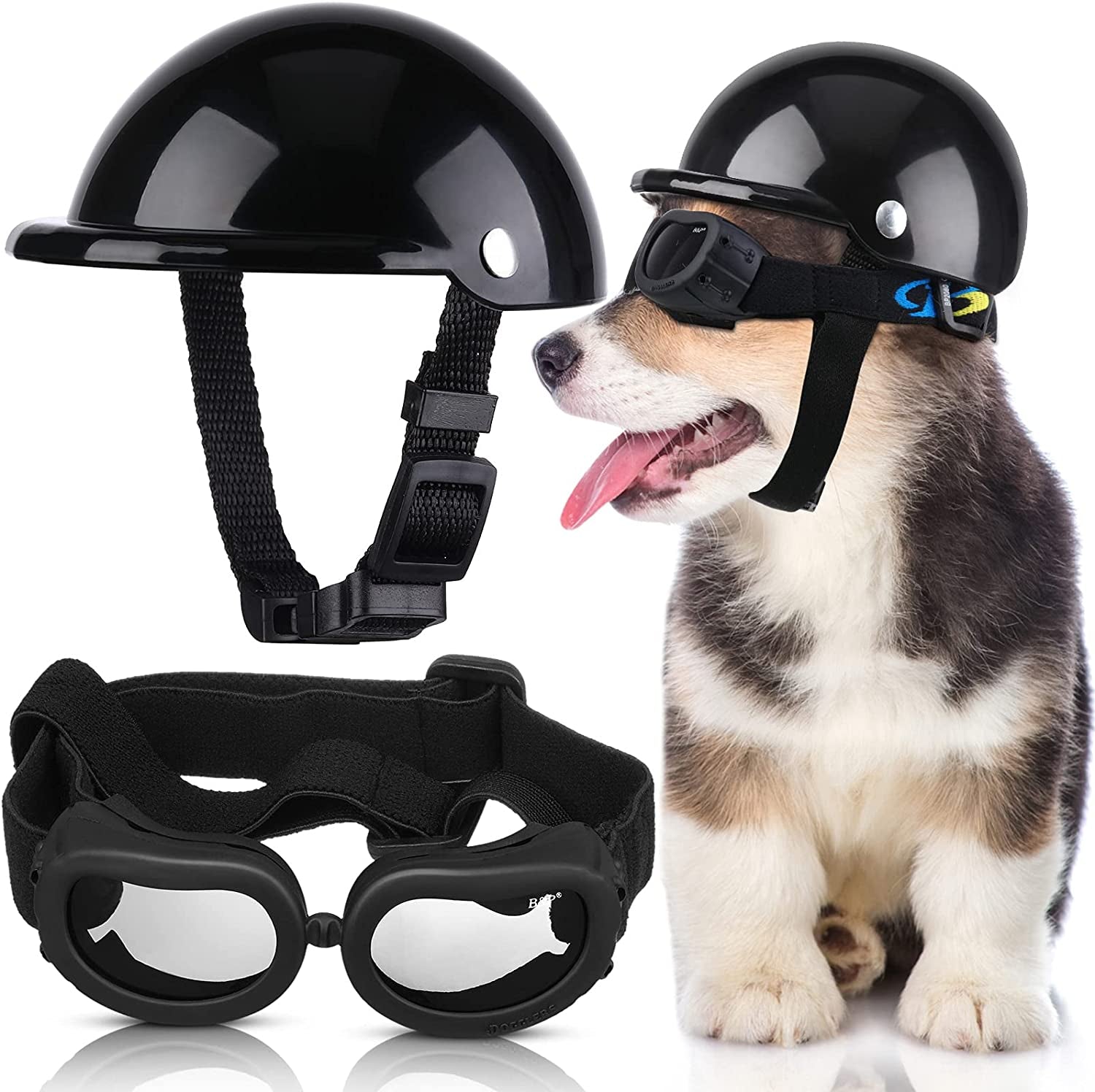 Small Dog Helmet Goggles UV Protection Doggy Sunglasses Pet Dog Glasses Motorcycle Hard Safety Hat with Adjustable Belt Windproof Snowproof Eye Head Protection for Puppy Riding, S Size,S Size (White) Animals & Pet Supplies > Pet Supplies > Dog Supplies > Dog Apparel Frienda Black  