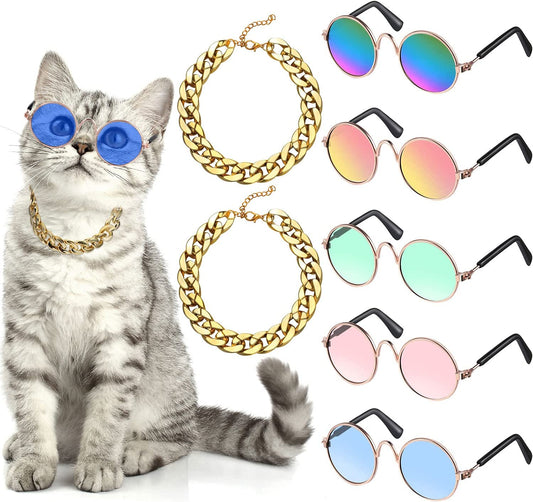 7 Pieces Sunglasses for Cats Dog Sunglasses Gold Chain Costume Funny Cute Pet Glasses (Bright Colors,Classic Style) Animals & Pet Supplies > Pet Supplies > Dog Supplies > Dog Apparel Weewooday Bright Colors Classic Style 