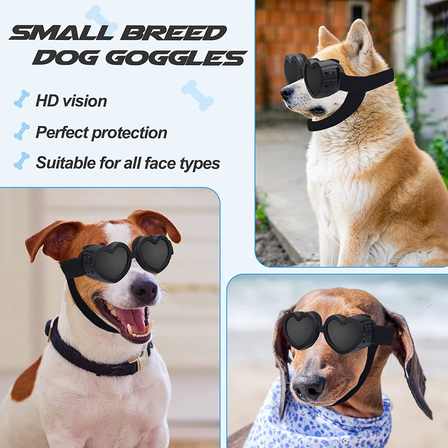 Small Dog Goggles UV Protection Goggles Coldairsoap Small Breed Dog Sunglasses Heart Shape Dog Sunglasses with Adjustable Strap, Pet Sunglasses Windproof Anti-Fog Dustproof Glasses (Black) Animals & Pet Supplies > Pet Supplies > Dog Supplies > Dog Apparel Coldairsoap   