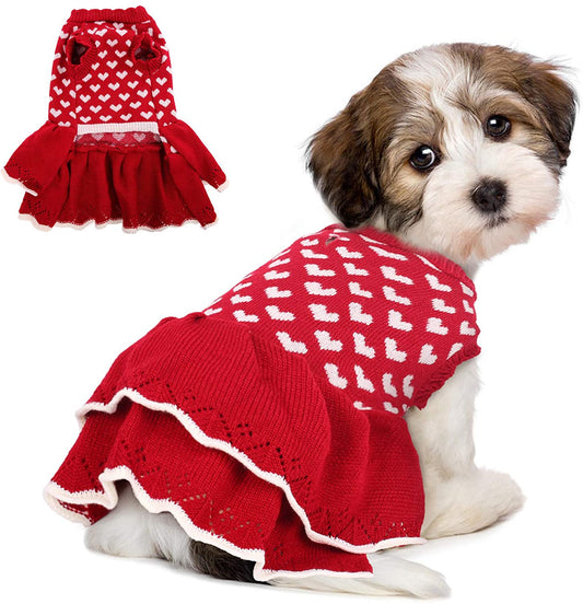 ROZKITCH Dog Sweater Dress Turtleneck Vest for Female Girls, Winter Warm Dog Pullover Knitwear Pet Sweater, Red Dog Princess Knitwear Sweater Dress Clothes for Fall Winter Christmas Holiday with Bow Animals & Pet Supplies > Pet Supplies > Dog Supplies > Dog Apparel ROZKITCH Love Heart S 