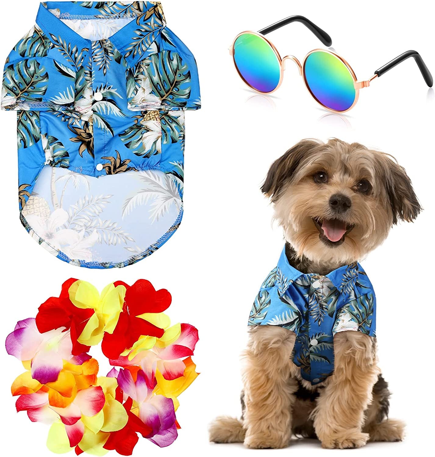 3 Pieces Pet Dog Hawaiian Costume, Includes Puppy Dog'S Cool T-Shirts Summer Clothes, Funny Cute Dog Retro Fashion Sunglasses and a Colorful Wreath for Small to Medium Dog (Green Series) Animals & Pet Supplies > Pet Supplies > Dog Supplies > Dog Apparel Geyoga Blue Series  