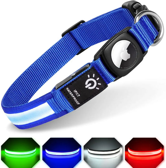 LED Airtag Dog Collar, FEEYAR Air Tag Dog Collar [IPX7 Waterproof], Light up Dog Collars with Apple Airtag Holder Case, Rechargeable Lighted Dog Collar for Small Medium Large Dogs [Blue][Size S]