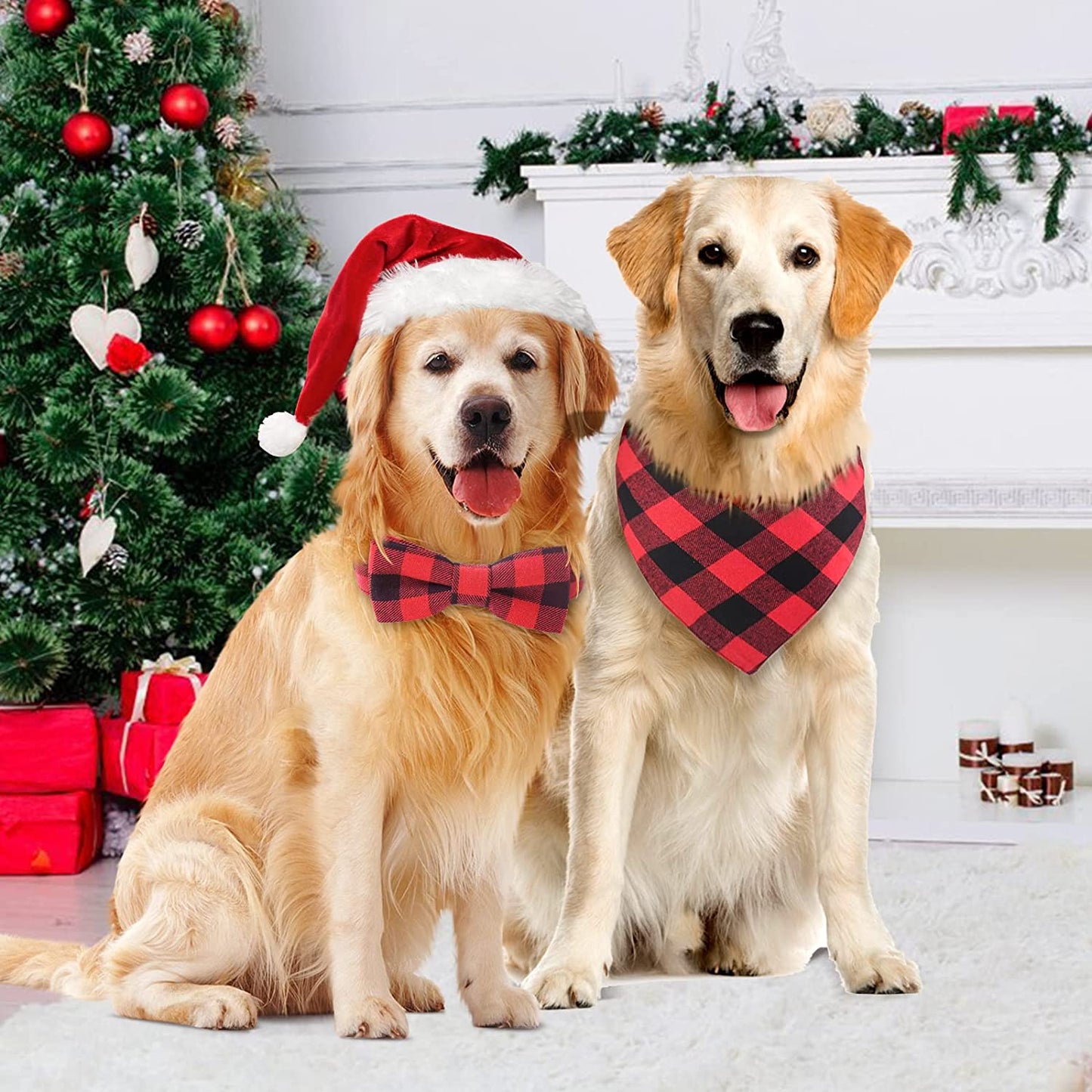 Malier Christmas Dog Bandana and Collar Set Plaid Pattern Dog Scarf Triangle Bibs Kerchief Adjustable Collars with Bow Tie Pet Costume Accessories for Dogs Pets Animals & Pet Supplies > Pet Supplies > Dog Supplies > Dog Apparel Malier   