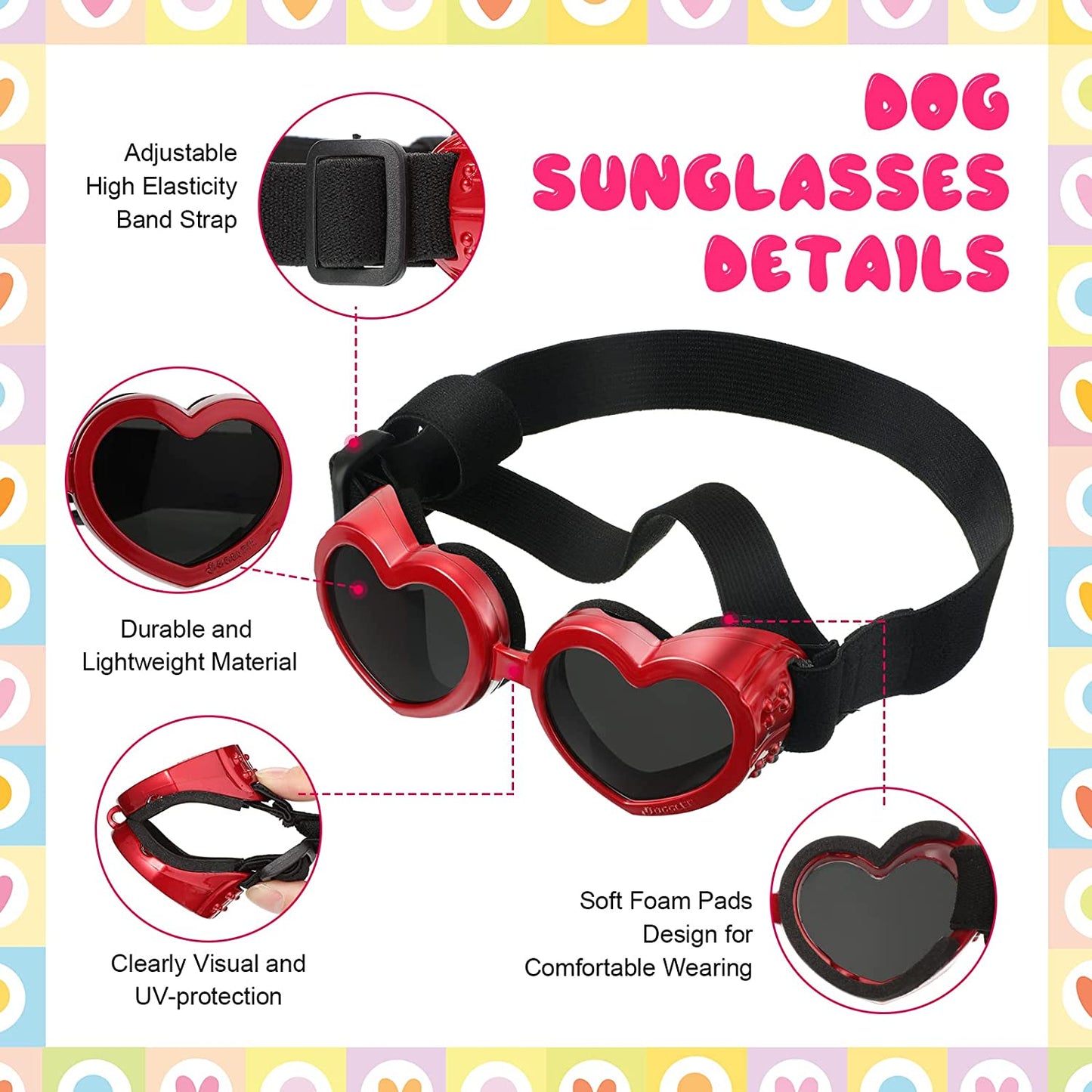 3 Pairs Dog Sunglasses Heart Shape Goggles Small Dog Decorations UV Protection Puppy Eye Wear with Adjustable Strap Windproof Glasses for Doggie PET Sun Glasses Anti-Fog Glasses (Red, White, Pink) Animals & Pet Supplies > Pet Supplies > Dog Supplies > Dog Apparel Nezyo   