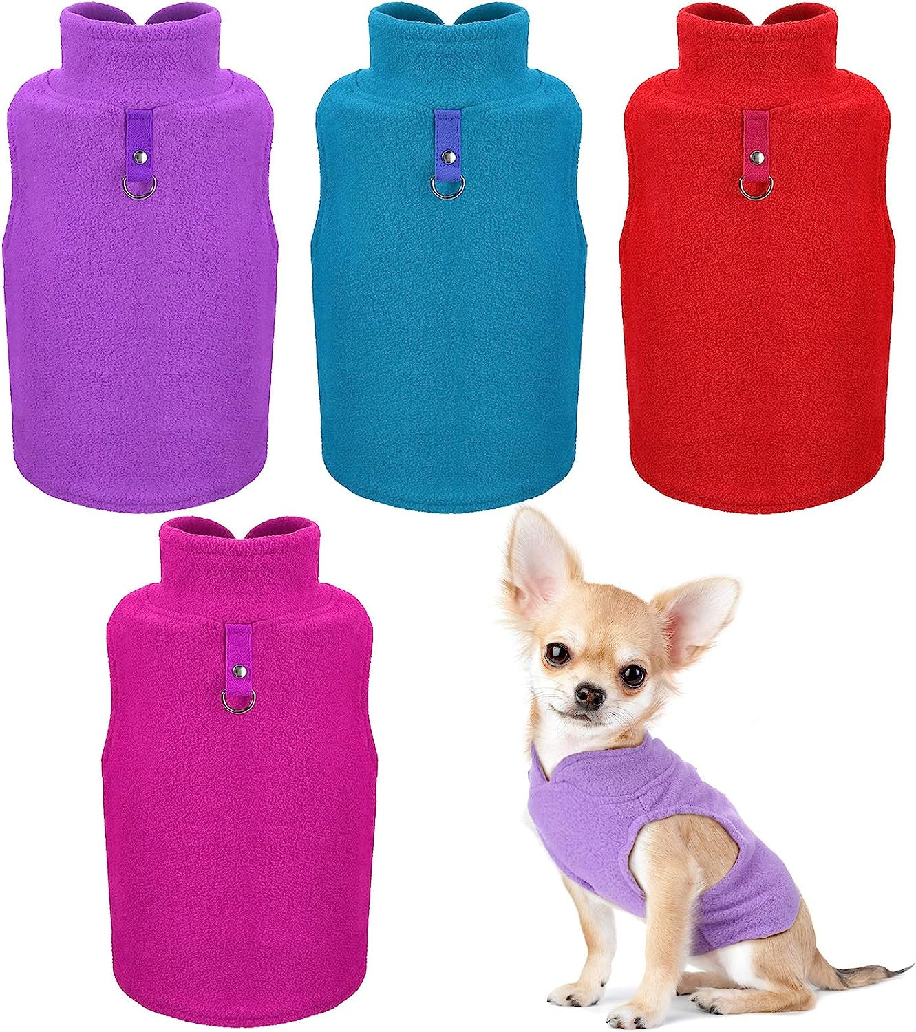 Dog Fleece Vest 4 Pieces Dog Cold Weather Pullover Dog Cozy Jacket Winter Dog Clothes Pet Sweater Vest with Leash Ring for Small Dogs Animals & Pet Supplies > Pet Supplies > Dog Supplies > Dog Apparel SATINIOR Purple, Blue, Rose, Red S 