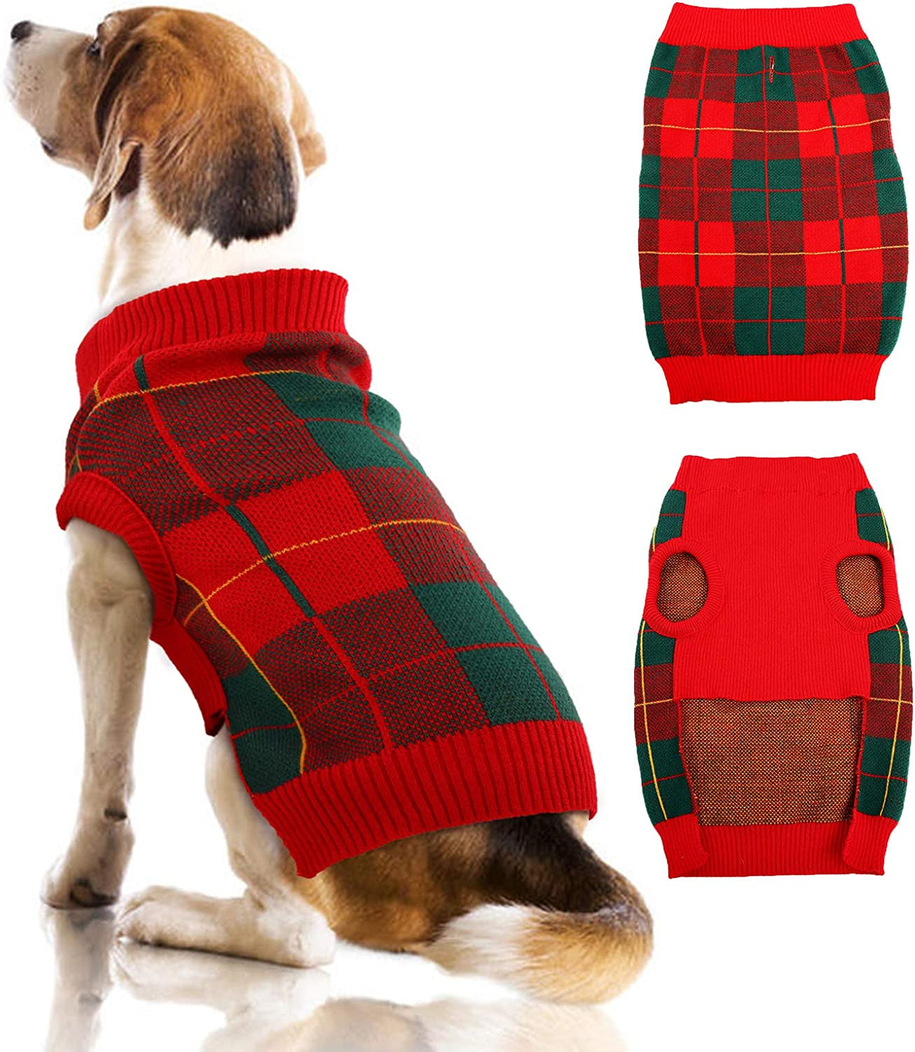 Dog Sweater Vest Turtleneck Dogs Knitted Sweatshirt with Harness Hole，Cold Weather Puppies Grid Pullover Pajamas， Fall Winter Pet Warm Clothes Christmas Costumes for Small Medium Dogs Cats Animals & Pet Supplies > Pet Supplies > Dog Supplies > Dog Apparel QBLEEV Red-Green S:Chest Girth=13.0"-15.7" 