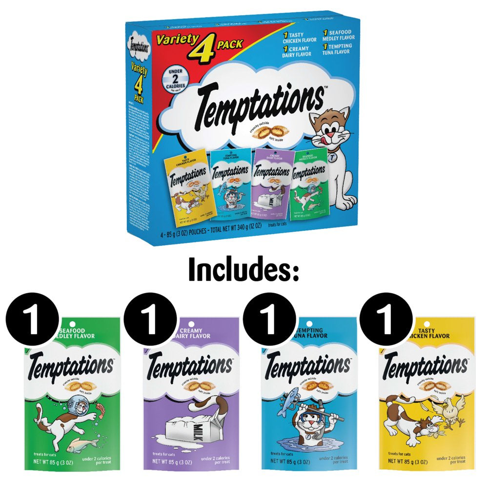 TEMPTATIONS Classic, Crunchy and Soft Cat Treats Feline Favorites Variety Pack, Seafood Medley Flavor, Tasty Chicken Flavor, Creamy Dairy Flavor, and Tempting Tuna Flavor, (4) 3 Oz. Pouches Animals & Pet Supplies > Pet Supplies > Cat Supplies > Cat Treats Mars Petcare   