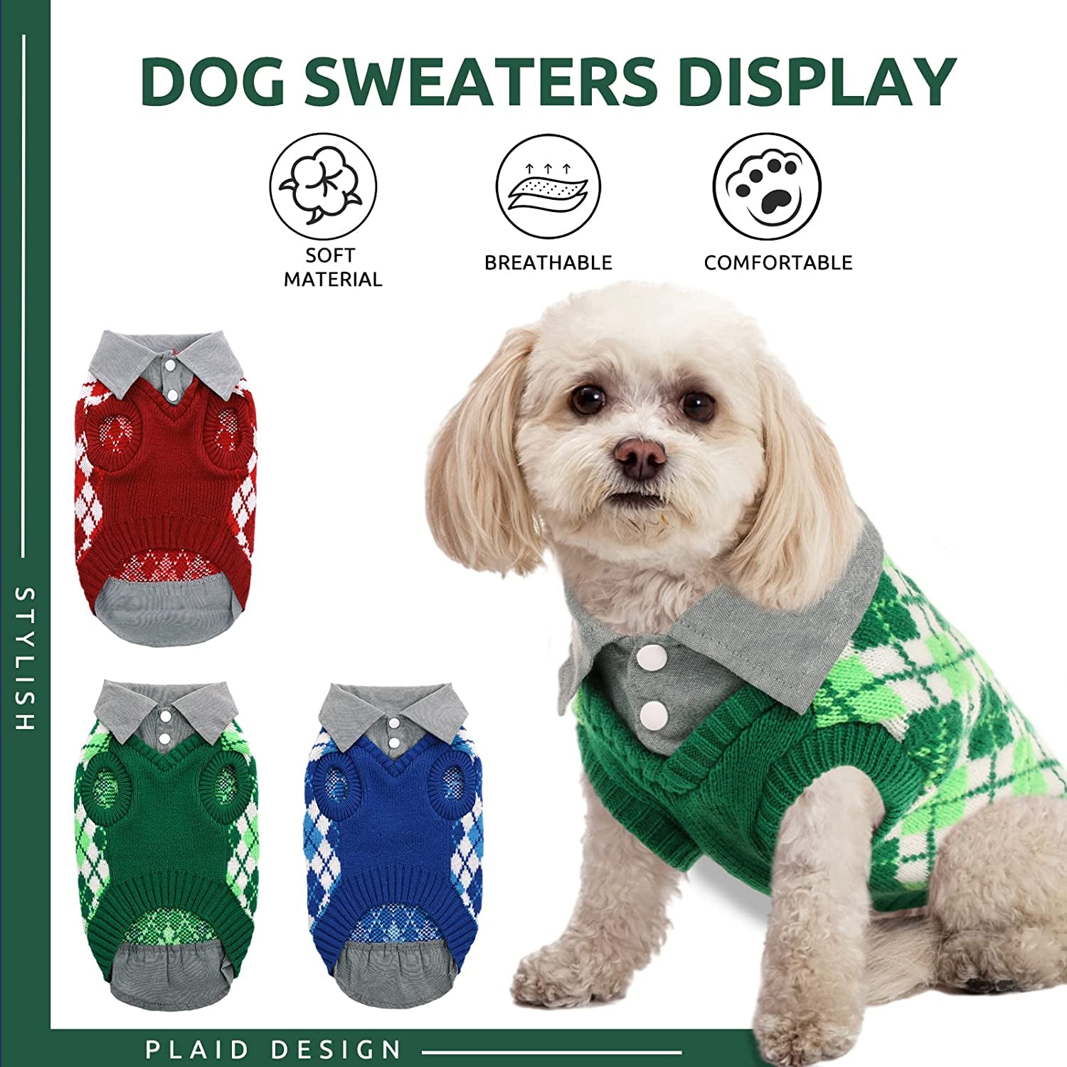 SUNFURA Knitted Dog Sweater Pet Knitwear, Dog Warm Knit Jumper Coat Winter Clothes with Leash Hole and High Stretch, Classic and Soft Puppy Sweatshirts Pullover for Small Medium Dogs Cats, Green S Animals & Pet Supplies > Pet Supplies > Dog Supplies > Dog Apparel SUNFURA   