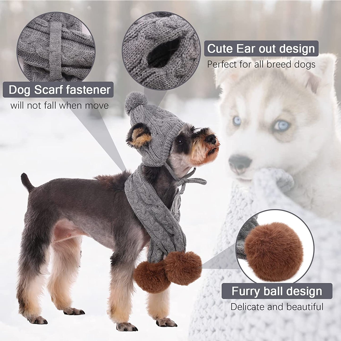 Kuoser Dog Hat & Scarf Set, Dog Knitted Hat Pet Christmas Winter Warm Caps Cute Accessories Neck Ear Warmer Hood Warm Scarf Party Decoration for Pet Cat and Dog Fit for Small Medium Large Dogs Grey Animals & Pet Supplies > Pet Supplies > Dog Supplies > Dog Apparel Kuoser   