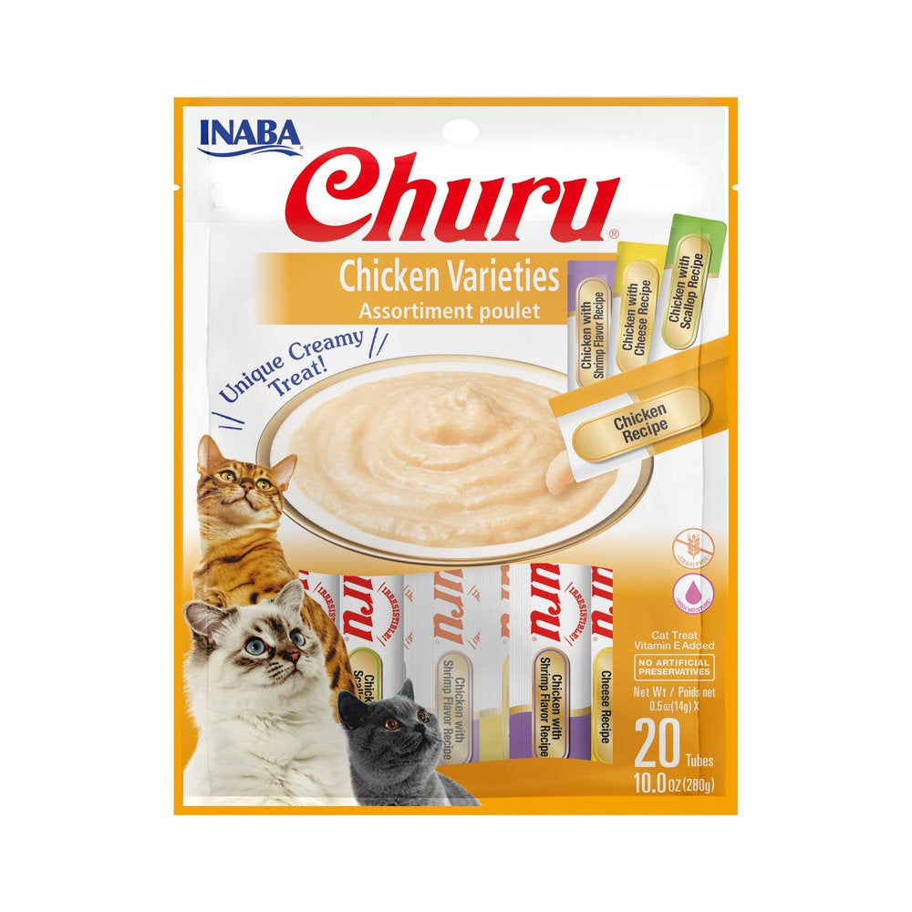 INABA Churu Creamy, Lickable Purée Cat Treat W Taurine, 0.5 Oz, 20 Tubes, Tuna & Chicken Variety