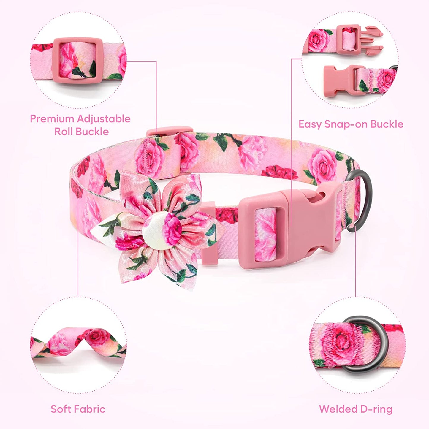 Pink Dog Collar Floral Girl Dog Collar with Rose Flower Bow Tie Dog Collar for Cute Girl Female Cats Dogs Spring Summer Season Dog Collar for Small Medium Large Dogs for Your Furbaby Animals & Pet Supplies > Pet Supplies > Dog Supplies > Dog Apparel DQGHQME   