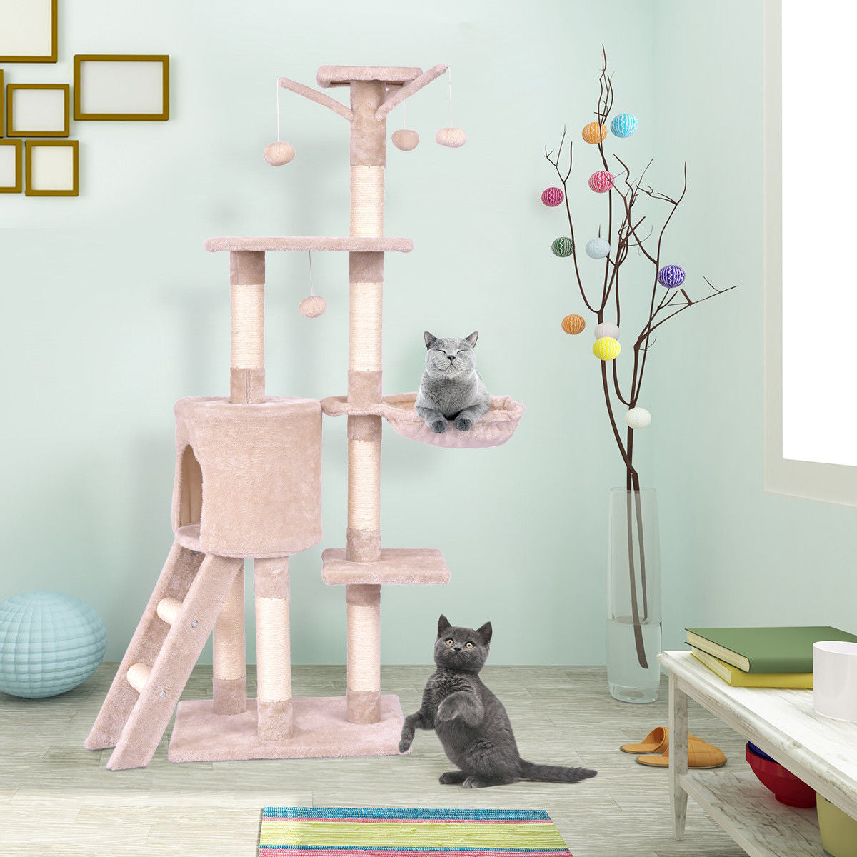 Gymax 56'' Cat Tree Kitten Pet Play House Furniture Condo Scratching Posts Ladder Beige Animals & Pet Supplies > Pet Supplies > Cat Supplies > Cat Furniture Gymax   