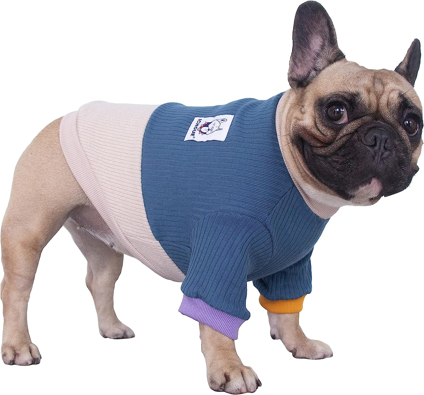 Ichoue Pet Dog Crewneck Sweater Color Block Pullover Winter Warm Clothes for French Bulldog Frenchie Shiba Inu - Pink and Grey/Medium Animals & Pet Supplies > Pet Supplies > Dog Supplies > Dog Apparel iChoue Lake Blue and Yellow XX-Large (Pack of 1) 