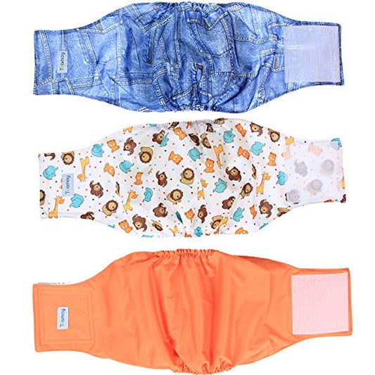Teamoy Reusable Wrap Diapers for Male Dogs, Washable Puppy Belly Band Pack of 3 (XXL, 29"-34" Waist, Orange+ Denim+ Fat Smile)
