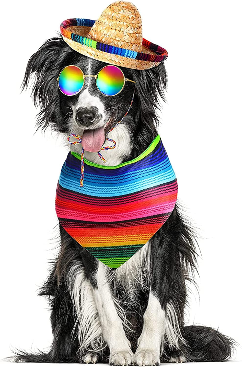 3 Pcs Mexican Dog Costume Include Multicolor Cinco De Mayo Dog Bandana Fiesta Dog Triangle Bib Mexican Dog Sombrero Hat round Sunglasses Costume for Dog Gifts Mexican Cinco De Mayo Party Decorations