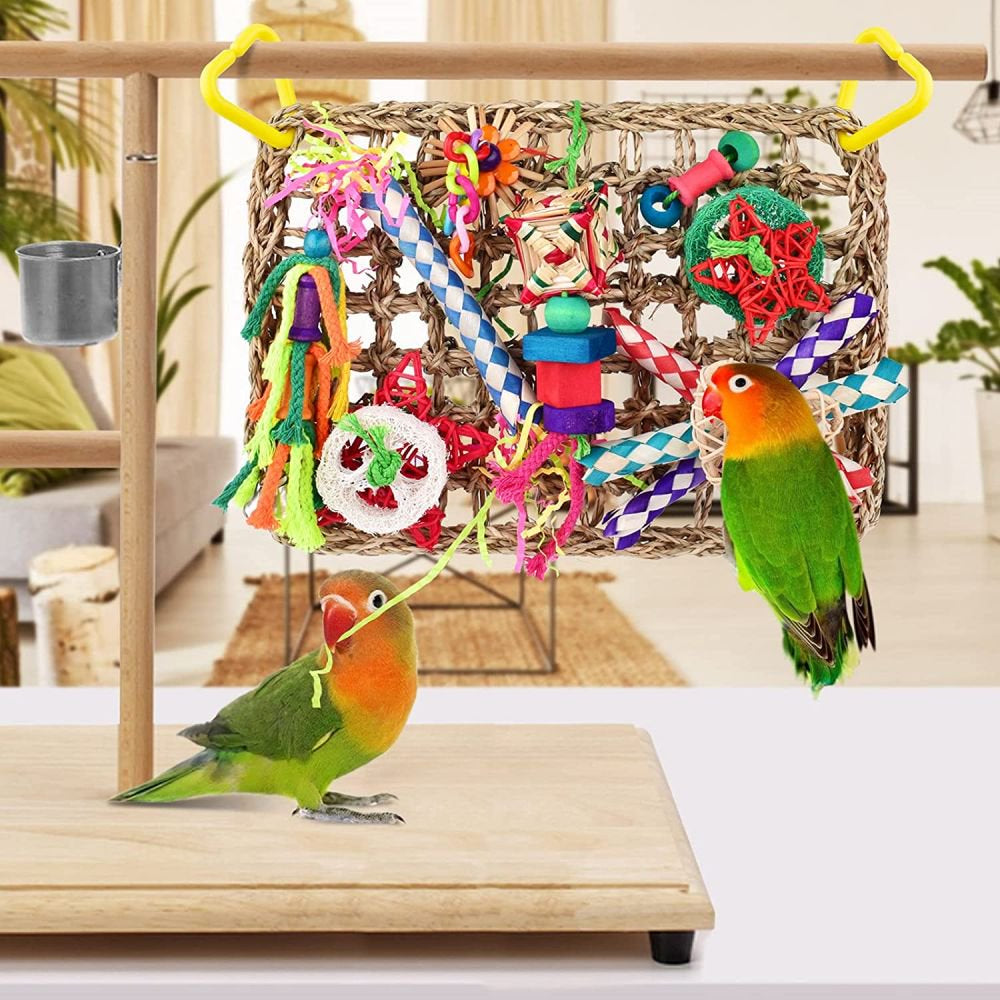 Bird Toys, Bird Foraging Wall Toy, Edible Seagrass Woven Climbing Hammock Mat with Colorful Chewing Toys,Swing Toy， Suitable for Lovebirds, Finch, Other Birds