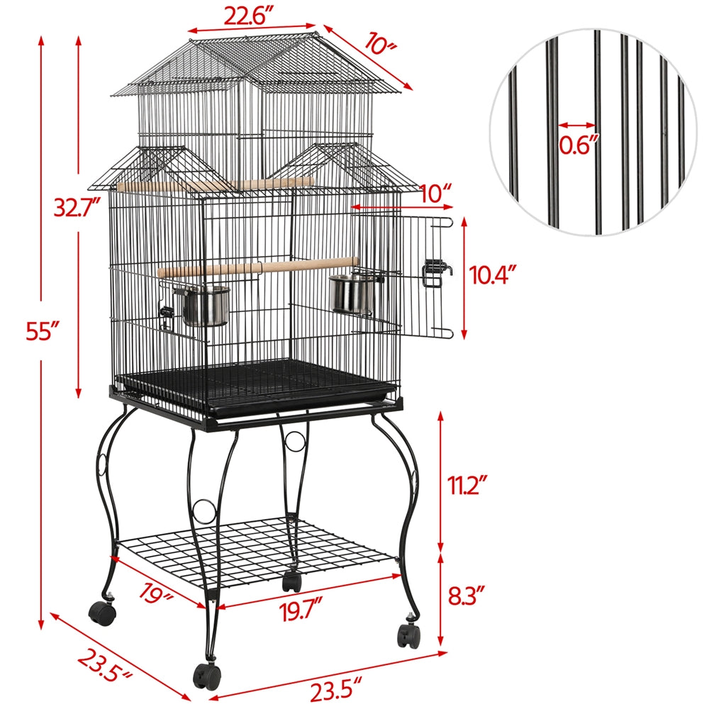 Easyfashion Large Metal Rolling Bird Cage Parrot Aviary Canary Pet Perch with Stand, Black Animals & Pet Supplies > Pet Supplies > Bird Supplies > Bird Cages & Stands Easyfashion   