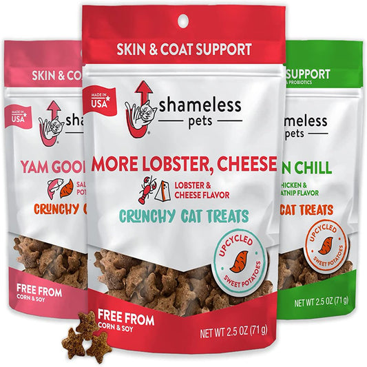 Shameless Pets Crunchy Treats for Cats Catnip N Chill, Yam Good Salmon, and More Lobster, Cheese |1 of Each