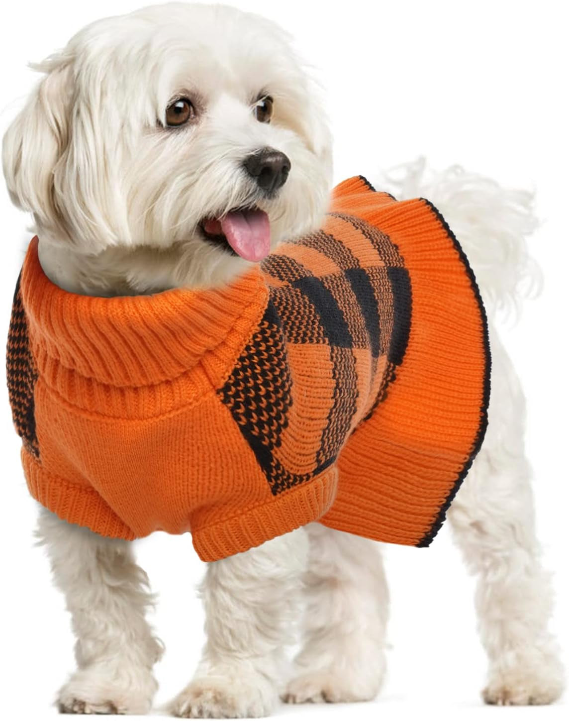 Dog Sweater Dress, Turtleneck Pullover Knitwear Warm Girl Dogs Coat for Fall Winter Cute Classic Plaid Pattern Princess Style Knit Clothes for Small Medium Female Dogs Puppy Leash Hole(Orange Blue) Animals & Pet Supplies > Pet Supplies > Dog Supplies > Dog Apparel LeLePet Orange Small 