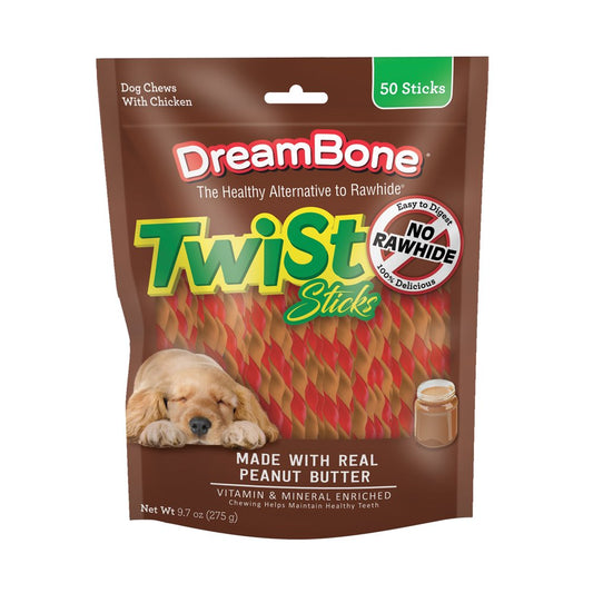 Dreambone Twist Sticks with Peanut Butter Rawhide-Free Dog Chews, 9.7 Oz. (50 Count) Animals & Pet Supplies > Pet Supplies > Dog Supplies > Dog Treats Spectrum Brands Pet LLC Peanut Butter  