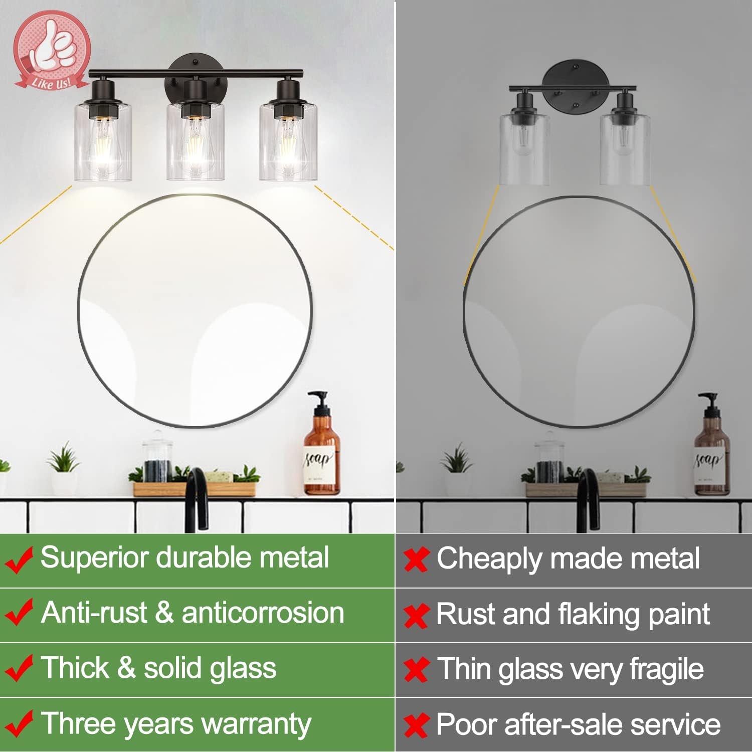 3-Light Bathroom Light Fixtures, Black Bathroom Wall Lights, Modern Bathroom Vanity Light with Clear Glass Shade, Bathroom Wall Lamp for Mirror Kitchen Bedroom Living Room Hallway Cabinet Porch Animals & Pet Supplies > Pet Supplies > Dog Supplies > Dog Apparel Zarbitta   