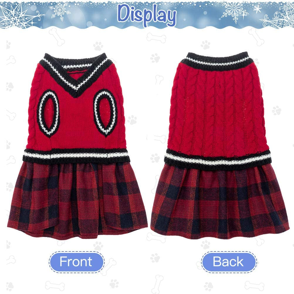 BINGPET Dog Sweater Dress - Plaid Pattern - Warm Pullover with Leash Hole V-Neck Knitwear Pet Sweater Cat Knitted Dress One-Piece Dress for Small to Medium Dog and Cat Animals & Pet Supplies > Pet Supplies > Dog Supplies > Dog Apparel BINGPET   