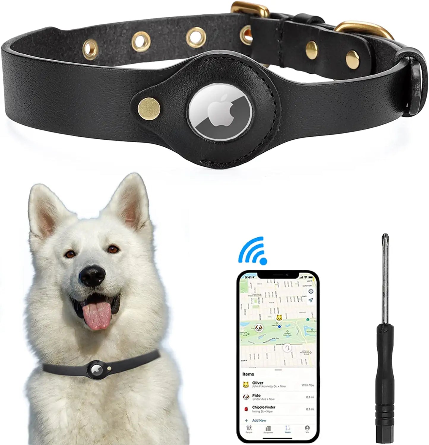 JIPIMON Airtag Dog Collar Prevents Loss Comfortable and Safe Adjustable Genuine Leather Airtag Dog Collar Holder for Small Medium Large Dogs Electronics > GPS Accessories > GPS Cases JIPIMON Black Large 