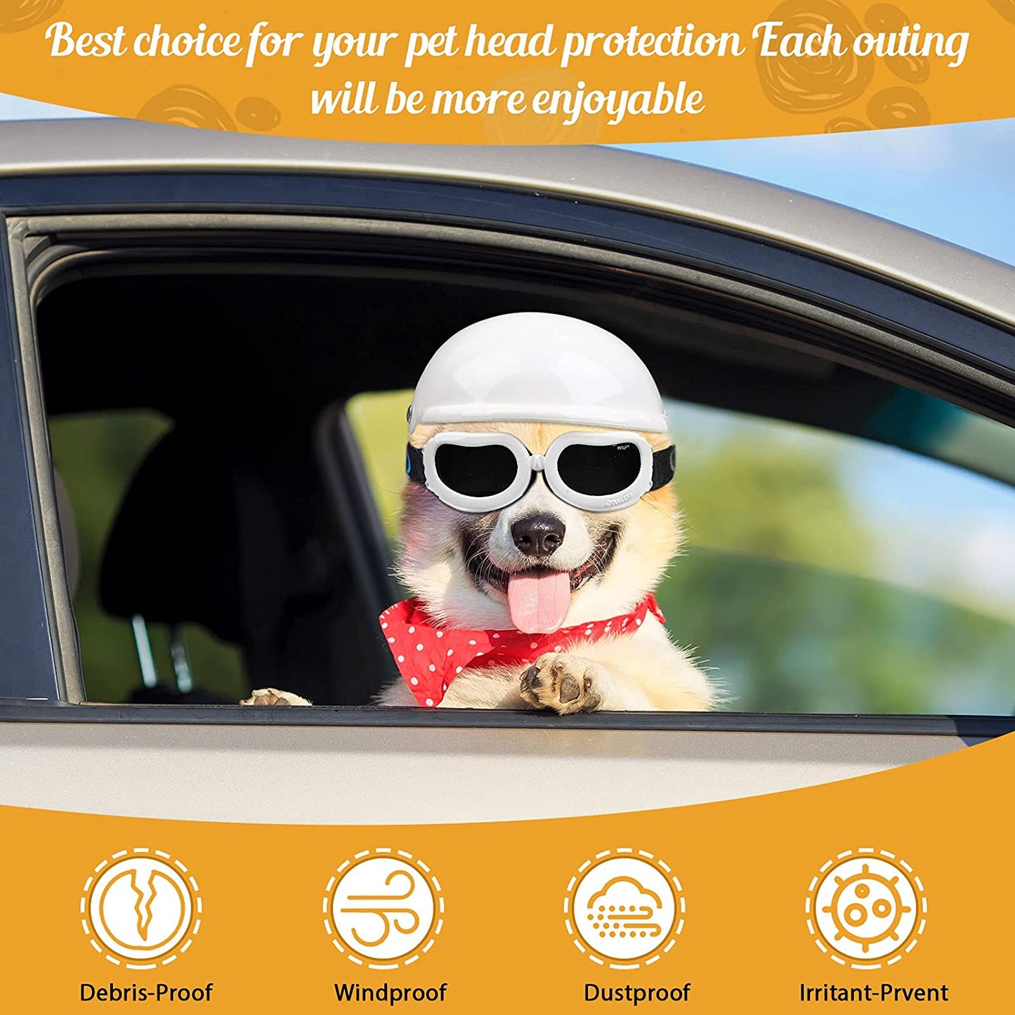 Small Dog Helmet Goggles UV Protection Doggy Sunglasses Pet Dog Glasses Motorcycle Hard Safety Hat with Adjustable Belt Windproof Snowproof Eye Head Protection for Puppy Riding, S Size,S Size (White) Animals & Pet Supplies > Pet Supplies > Dog Supplies > Dog Apparel Frienda   